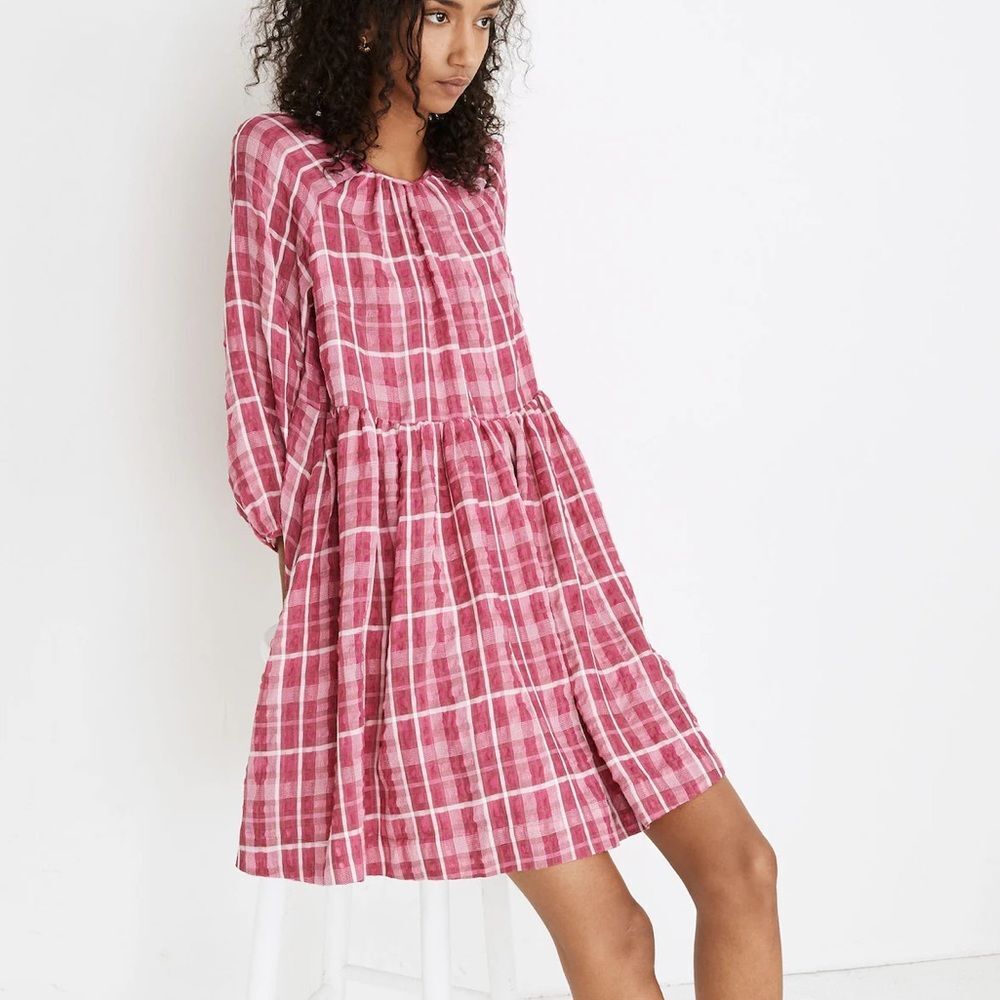Madewell Pink Plaid Shirred Babydoll Mini Dress